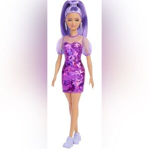 Barbie Fashionistas Doll #178 Petite Long Purple Hair and Purple Metallic Dress
